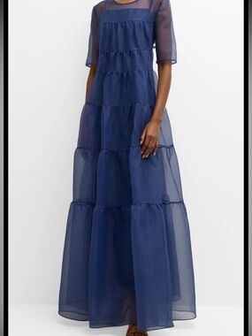 Staud Hyacinth Navy Blue Sheer Maxi Dress